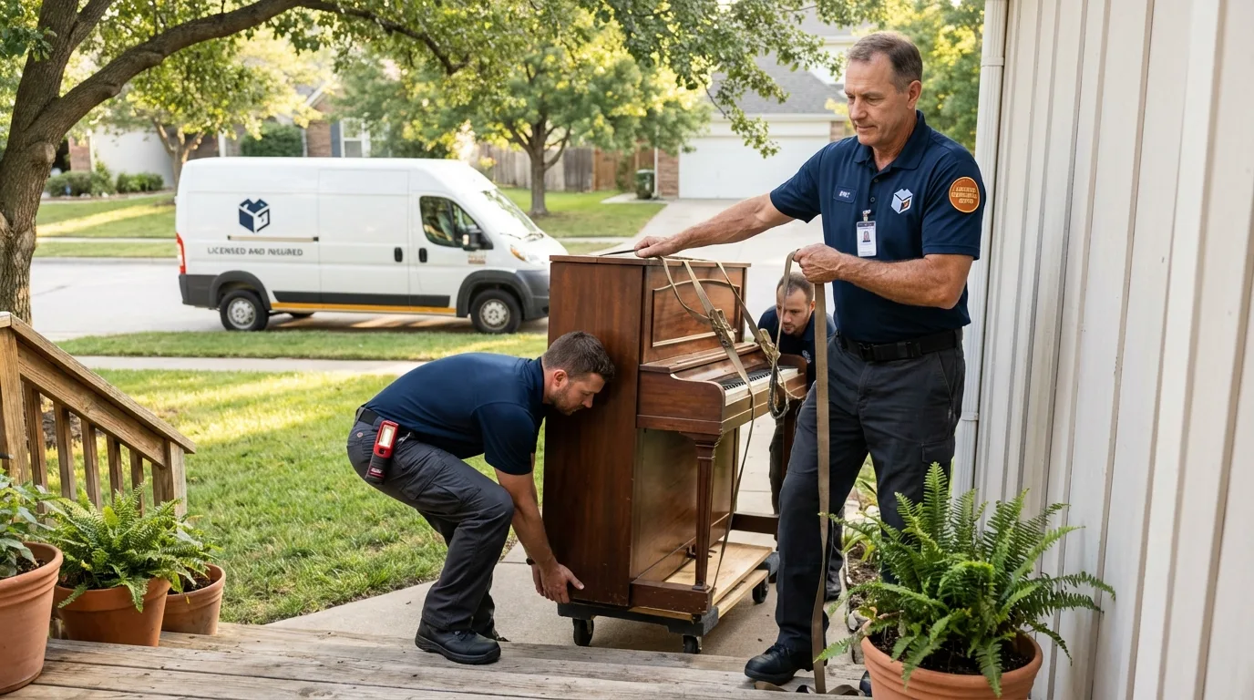 Licensed piano movers securing grand piano in Plymouth, NC