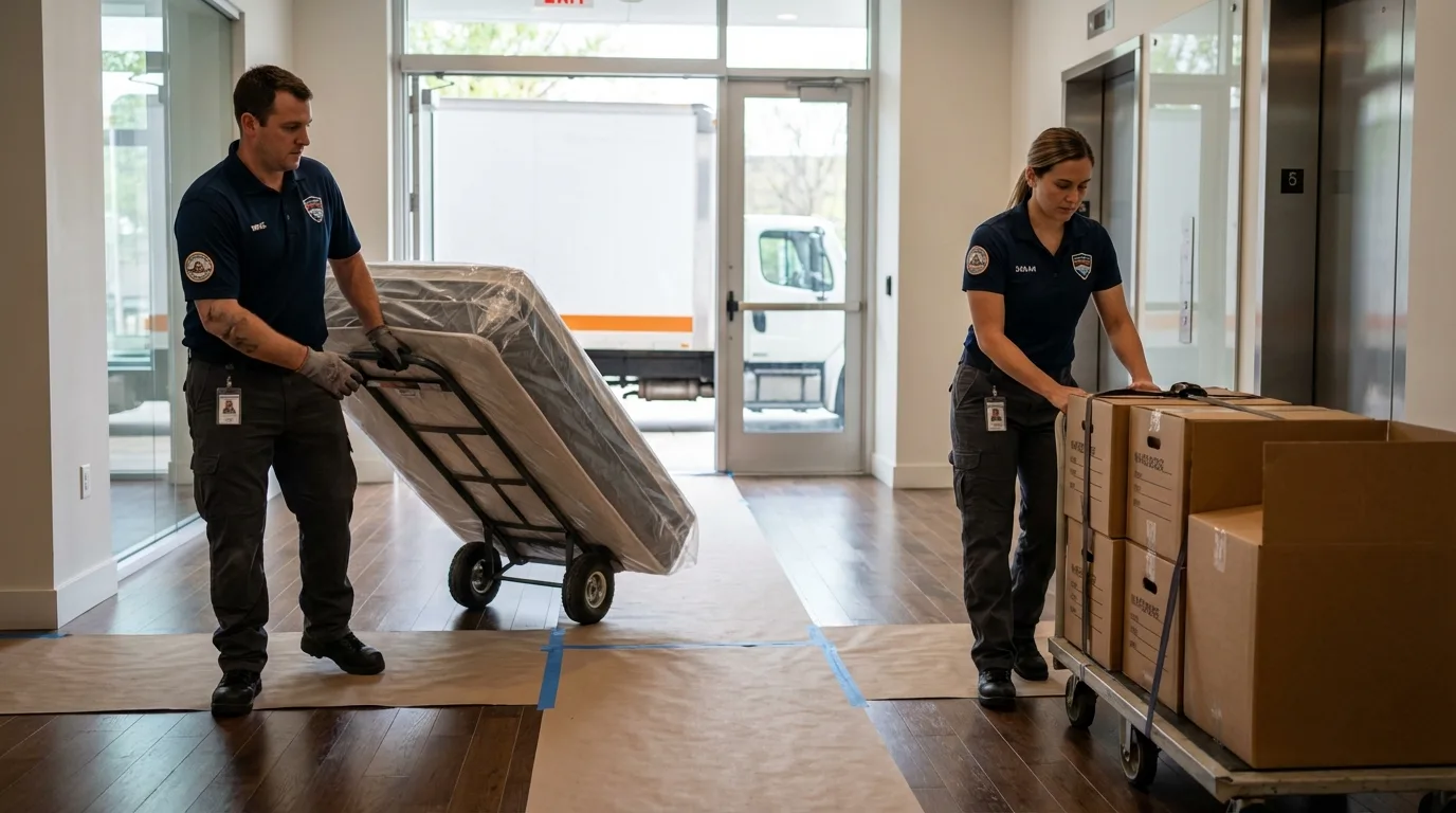 Professional apartment movers loading elevator in Plymouth, NC
