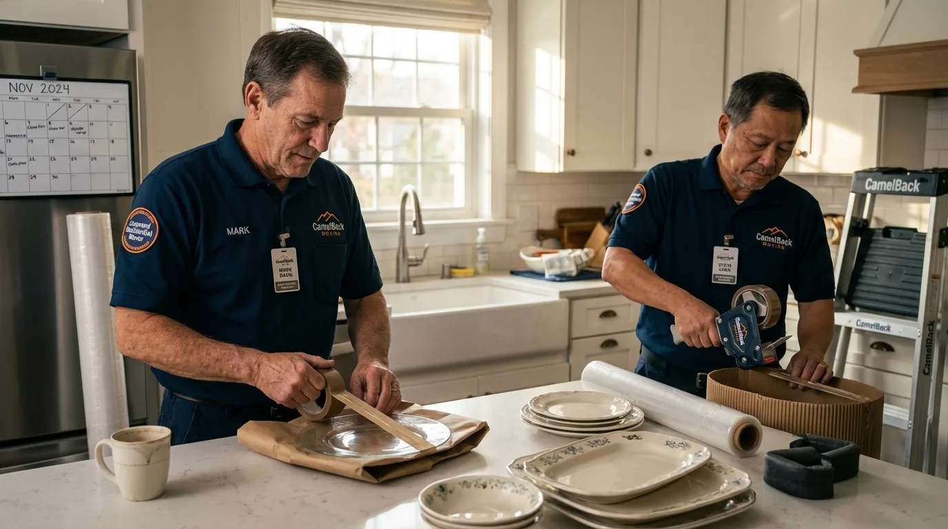 Professional crew packing kitchen dishware in Plymouth, NC